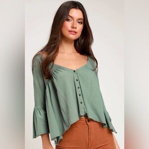 Free People Sweet Little Tee Moss Green Flounce Sleeve Top